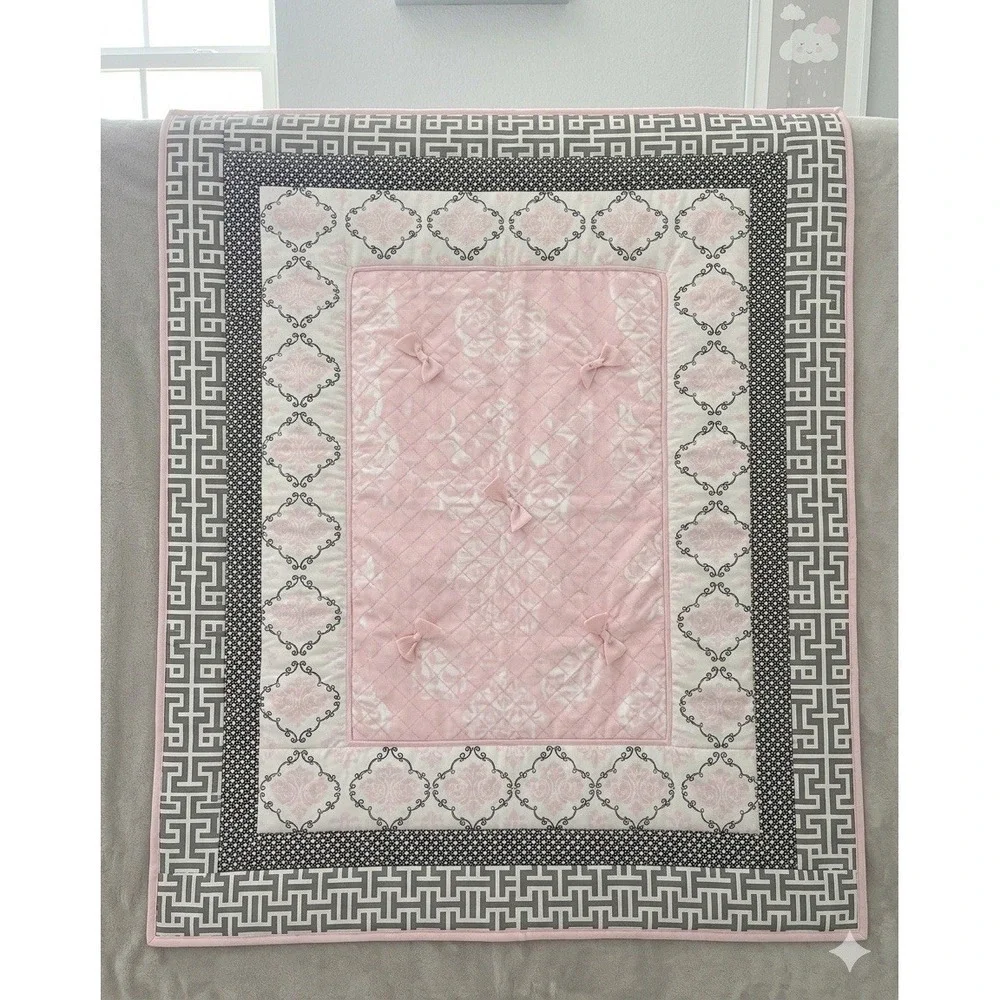 Lambs & Ivy Crib Blanket Comforter Baby Toddler Nursery Pink Black Paris Bow‎